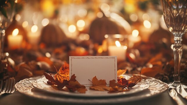 Thanksgiving dinner table setting with candles and autumn leaves  