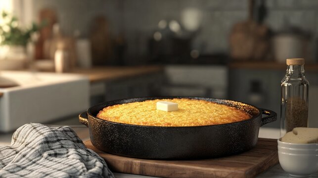 Freshly baked cornbread in black skillet on wooden cutting board  