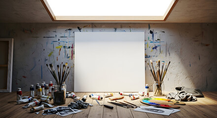 The beginning of a masterpiece. A blank white canvas surrounded by art supplies in a creative workshop