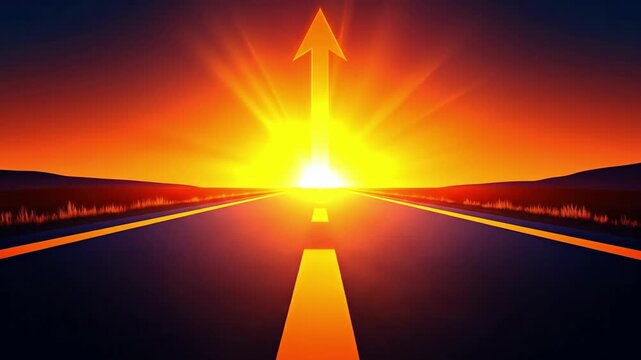 Sunset road arrow leading towards horizon with bright light