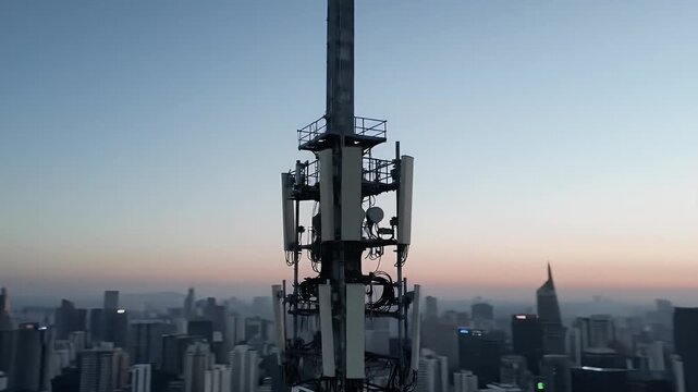 Telecom tower over city.