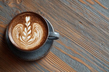 Latte art design in a coffee cup placed on a rustic wooden table with a warm atmosphere and detailed craftsmanship on display