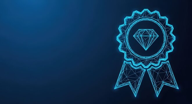 Diamond award seal with ribbon on blue background