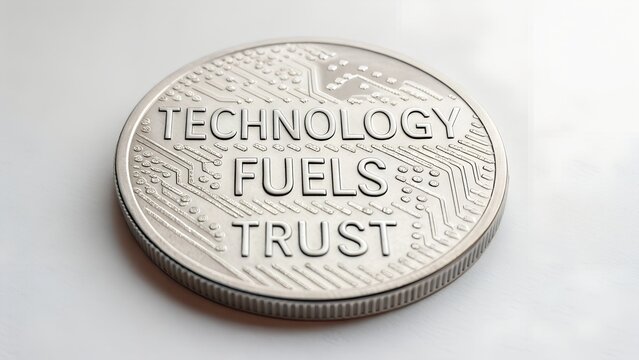 Coin showing technology fuels trust message on a circuit board - Powered by Adobe