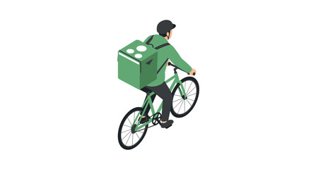 Isometric bicycle delivery modern urban cycling courier with green cargo box
