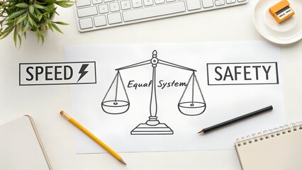 Diagram of a justice scale with pencils and a keyboard nearby