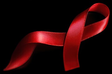 Realistic depiction of a red awareness ribbon symbolizing support for various health issues, conveyed through a detailed close-up against a dark background