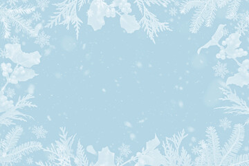 Winter blue background with a border of frosty leaves and snowflakes, perfect for holiday or seasonal designs.