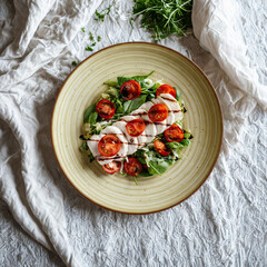 Fresh salad with tomatoes and eggs on a rustic plate