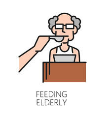 Elderly care service feeding color line icon or symbol. Elderly nursing center thin line pictogram, older person help work vector icon. Senior care home or service symbol with old man fed with spoon