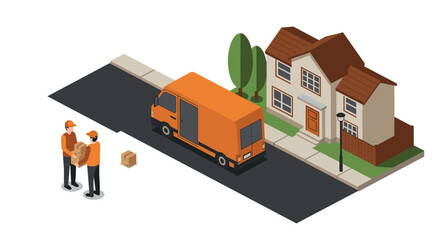 Isometric urban delivery scene with couriers and van