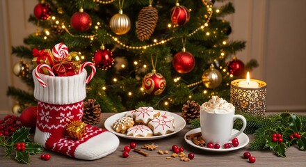 Cozy Christmas evening with a stocking, cookies, and hot chocolate by a decorated tree.