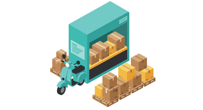 Isometric delivery warehouse with boxes and scooter for efficient logistics