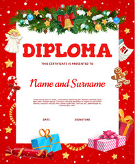 Fototapeta premium Kids diploma for Christmas holidays, decorated with cartoon festive garland of pine branches gifts, candy cane, gingerbread man and Xmas holiday gold bells. Vector Christmas kids diploma award