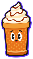 Fast food ice cream character vintage Y2K sticker or label. Street food menu dessert vintage 90s vector sticker, takeout sweet meal label. Ice cream with waffle cup cute personage fast food patch