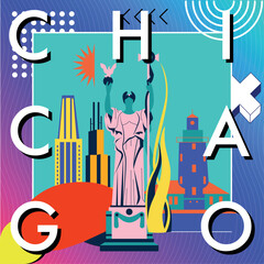 Typography word Chicago branding technology concept Memphis. Collection of flat vector web icons. American culture travel set, architectures, specialties detailed silhouette. Doodle famous landmarks.