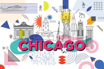 Typography word Chicago branding technology concept Memphis. Collection of flat vector web icons. American culture travel set, architectures, specialties detailed silhouette. Doodle famous landmarks.