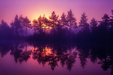 Sunrise at a forest lake with morning fog