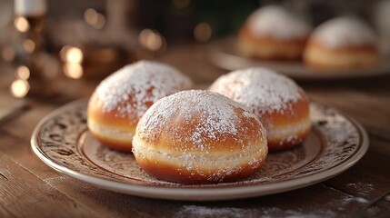 Freshly baked donuts dusted with powdered sugar on wooden plate  