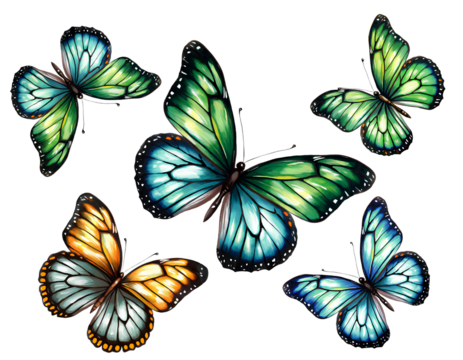 Set of vibrant tropical butterflies in flight – colorful insect collection isolated on a transparent background, PNG