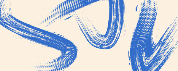 Grainy blue spiral brush stroke with spray texture. Hand drawn distress damaged edge vintage banner with spiral bold line. Grainy bold brush strokes texture with scattered tiny dots