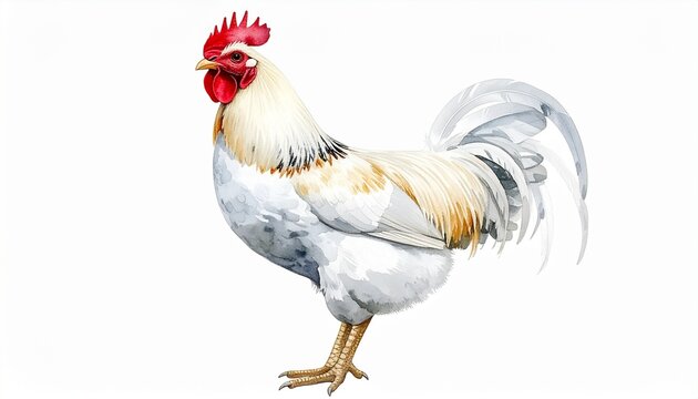 Colorful rooster illustration with red comb, white body, and blue-black tail feathers for editorial agricultural photography animal art decor and poetic vitality-themed visuals