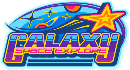 Galaxy space explore retro Y2K icon or symbol. Universe research vintage vector sign, cosmos exploration icon. Galaxy outerspace discovery emblem with shooting star and retro futuristic typography