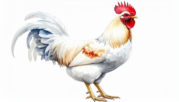 Colorful rooster illustration with red comb, white body, and blue-black tail feathers for editorial agricultural photography animal art decor and poetic vitality-themed visuals - Powered by Adobe