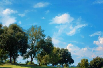 Obraz premium Shady trees provide relief under a bright blue sky on a golf course during a sunny day, inviting relaxation and leisure activities