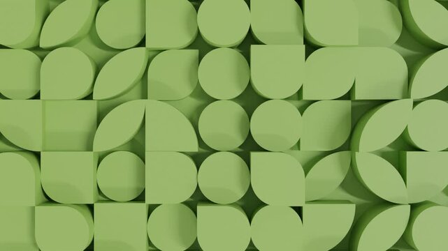 Abstract 3D animation of monochrome green geometric shapes, seamless loop render with minimal design, perfect for elegant abstract visual compositions.