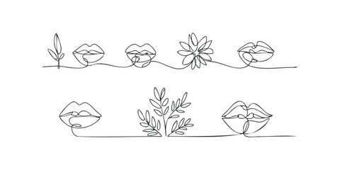 Minimalist continuous line drawing of lips and botanical elements