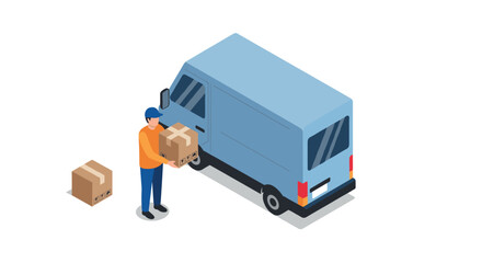 Isometric delivery scene with courier handling packages and van