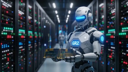 Humanoid service robot holding a server circuit board in a large, dark data center corridor. - Powered by Adobe