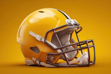 Fototapeta premium Realistic representation of a simple American football helmet positioned on a vibrant yellow background, highlighting the sleek design and protective features essential for the game