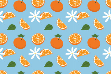 Bright orange fruit pattern with citrus slices and leaves background seamless repeat pattern