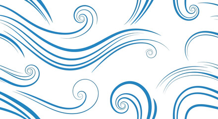 Blue line art swirls  waves on a white background creating a breezy stylized pattern