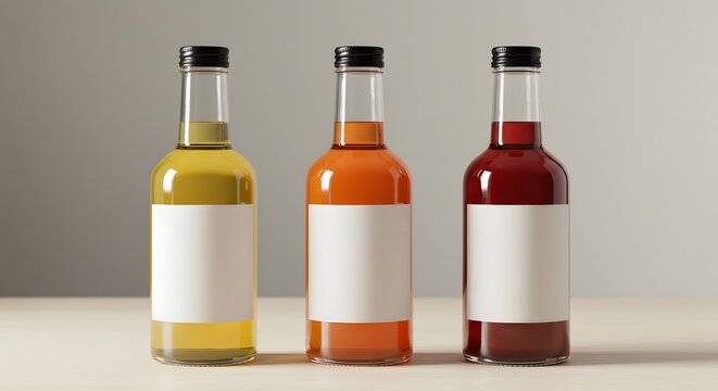 Three Colorful Bottles with Blank Labels on Neutral Background