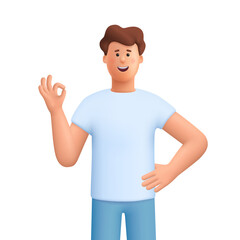 Young smiling man James showing OK hand gesture. Business, communication and positive gesture concept. 3d vector people character. Cartoon minimal style.