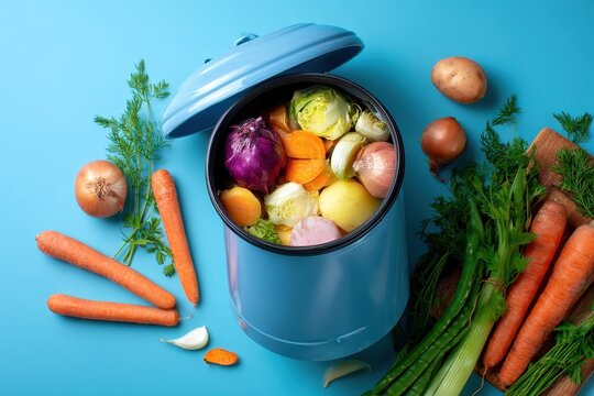 Collecting food waste from kitchen, showcasing vegetable scraps and peels in a recycling container to promote sustainable waste management practices