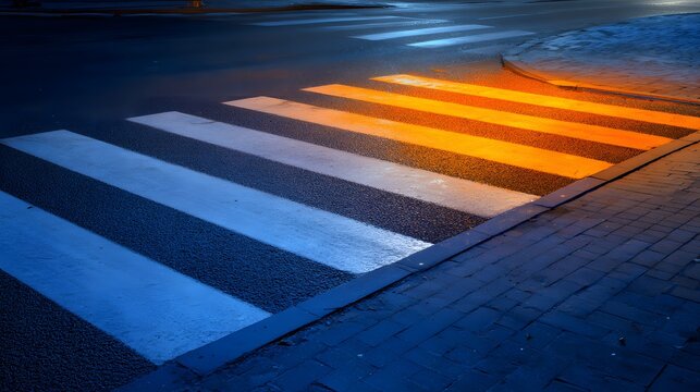 Illuminated pedestrian crossing stripes display contrasting warm and cool colors at night