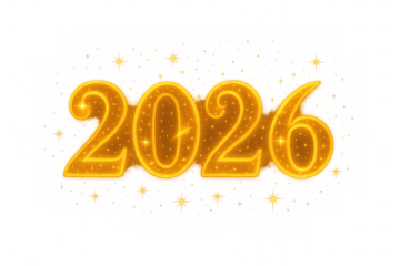 2026 year number in shimmering golden glitter effect with sparkling particles on a transparent background