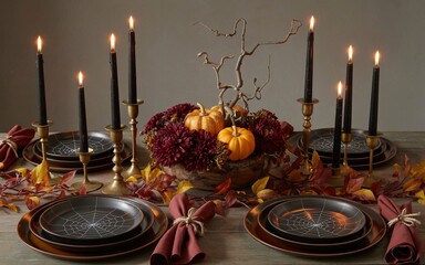 Elegant Halloween dinner party table setting with pumpkins, candles, and spiderweb plates creates a spooky, festive, and modern atmosphere for celebrations