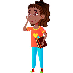 Young Girl With Braids And Orange Shirt Holding Books Looking Worried With Transparent Background