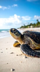 Obraz premium A sea turtle on a sandy beach under a bright blue sky