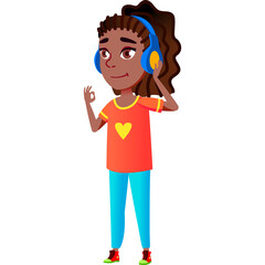 Young Girl With Dark Skin Wearing Headphones And Listening Music With Orange T Shirt And Blue Pants Standing In White Background