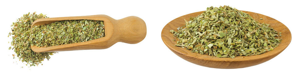 Oregano or marjoram leaves fresh and dry in wooden scoop and bowl isolated on white background. Top view. Flat lay