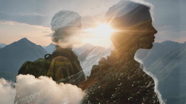 Creative double‑exposure hikers over forest textures, wanderlust narrative blending nature and portrait, concept of mindfulness, eco travel and finding yourself on the trail.