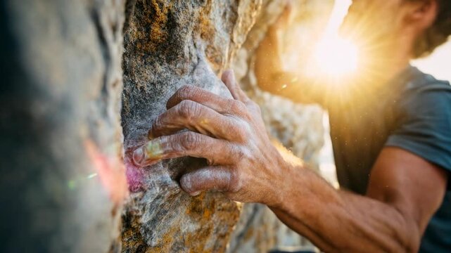 Raw close‑up of a rock climber&rsquo;s chalked hand gripping stone, grit flying in the air&mdash;powerful sports moment that sells strength, focus and the thrill of reaching the next hold.