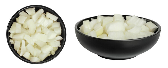 Onion slices in a ceramic bowl isolated on a white background. Top view. Flat lay.