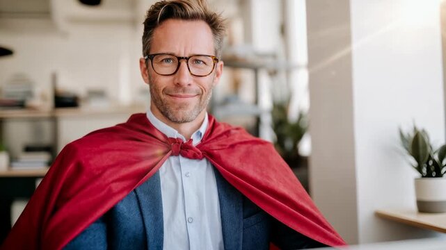 Office hero moment: confident professional wearing a playful red cape at the laptop, witty symbol of productivity, leadership and supercharged business results with a smile.